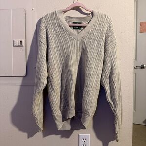 Vintage Jantzen USA Cotton V-Neck Chunky Knit Sweater Beige Size L